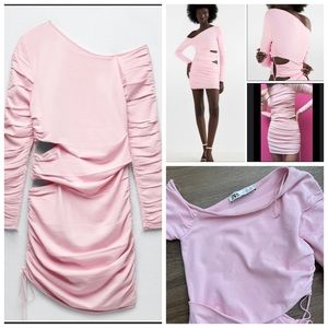 Zara Draped Knit Dress. Ruched, Cutout Pink